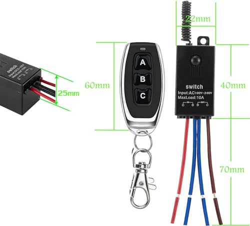 Wireless Light Switch,3 Way Mini Remote Switch AC 110V/120V/220V/240V/10A Relay Wireless Light Switch with 328FT Long Range for Motor,Lamps,LED Lights,Fans. - size: 110V-240V 3way remote switch-10A Relay