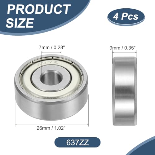 uxcell 4 Pack 637ZZ Deep Groove Ball Bearings, 7x26x9mm Chrome Steel Double Shield Bearing for Electric Motor, Home Appliances, Garden Machinery, (ABEC5) - size: 637ZZ