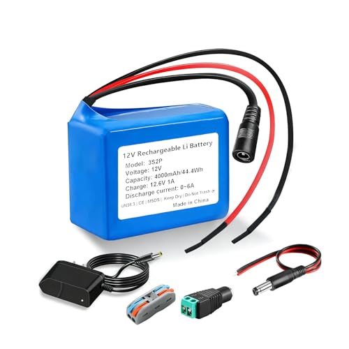 4000mAh 12V Rechargeable Lithium Battery Pack with Charger & Bare Leads - 6A Max Output for RC Cars, Robots, LED Strips, CCTV Cameras，DIY Projects