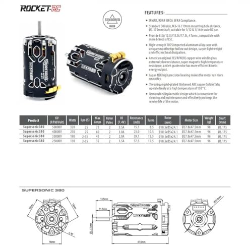 Supersonic 380 17.5T/2500KV Sensored Brushless Motor 2-3S LiPo Shaft Diameter 3.175mm for 1/12 1/14 RC Racing Car - size: 17.5T