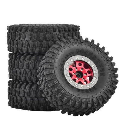 4PCS 1.55 inch Aluminum Metal Beadlock Wheels Rim and 95mm All Terrain Rubber Tires for 1/10 1/12 RC Rock Crawler Car for Axial AX90069 D90 TF2 Tamiya LC70 JIMNY UTB18(5Spoke,Red) - color: 5spoke,red