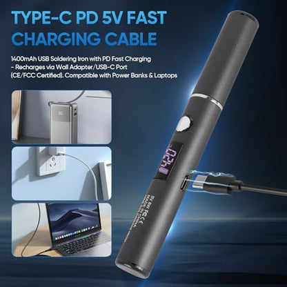 Cordless Soldering Iron Kit, Rechargeable USB-C Soldering Pen with OLED Screen, Portable Battery Powered Solder Iron for Electronics Repair, Includes 3 Tips & Lead-Free Solder Wire