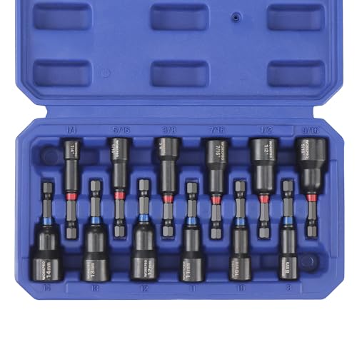 WORKPRO 12 PCS Magnetic Nut Driver Set, Premium Impact Power Hex Nut Driver | Drill Bit Master Kit, SAE (1/4" to 9/16") and Metric (6-14mm), 1/4" Hex Shank and Quick-Change, Cr-V Steel - size: 12PCS Magnetic Nut Driver Set