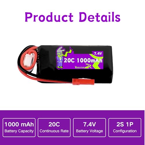 2S 7.4V 1000mAh 20C Battery with JST Plug Compatible with WLToys Mini RC Car K989 K969 K979 K999 P939 P929 1/28 MINI-Q 284131 Toy Speed Racing Truck with Charger
