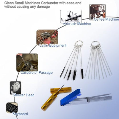 Carburetor Cleaner Tool Kit, Airbrush Torch Tip Cleaner Set Include 2 Single Head Brushes 30 Needles 15 Nylon Brushes 13 Cleaning Wires 1 Scraper 4 Clean Hooks for Motorcycle ATV Chainsaw Welder