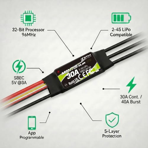 ZTW Mantis Slim G2 30A ESC 2-4S RC Airplane Speed Controller with 6V/3A Switching BEC XT60 Plug Programmable ESC for Sport Fixed-Wing and Gliders