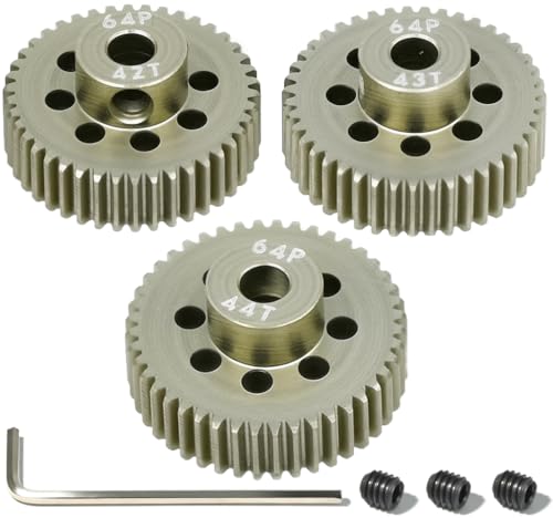 64P Pinion Gear 3.175mm Shaft 7075 Aluminum Alloy Motor Gears,0.6 Metric Pitch 42 43 44T with 1/8 Hole Pinion Gear Compatible with 1/10 Arrma HPI Kyosho Losi Axial Traxxas Tamiya RC Car - size: 42 43 44T