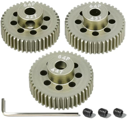 64P Pinion Gear 3.175mm Shaft 7075 Aluminum Alloy Motor Gears,0.6 Metric Pitch 42 43 44T with 1/8 Hole Pinion Gear Compatible with 1/10 Arrma HPI Kyosho Losi Axial Traxxas Tamiya RC Car - size: 42 43 44T