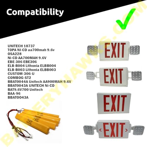 BBAT0043A Unitech BAT9.6V700 AA900MAH 9.6V ELB-B003 Lithonia ELB-B004 9.6v 900mAh Ni-CD Battery Pack Replacement for Exit Sign Emergency Light Fire Batteryhawk, LLC - size: 1 Pack