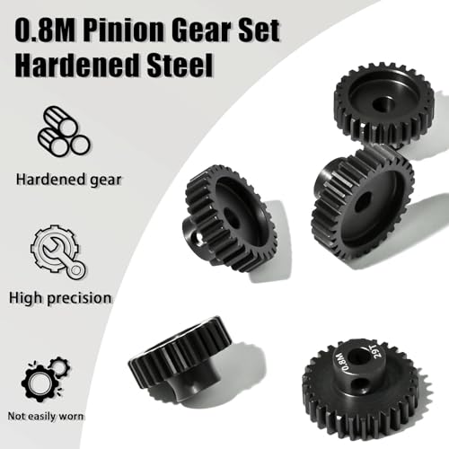 5Pcs 0.8M Hardened Steel Pinion Gear Set 5mm Shaft 26T 27T 28T 29T 30T Motor Pinion Gear with M4 Screw and Hex Key, for Arrma HPI Kyosho Losi Axial Traxxas Tamiya 1/10 RC Car and 540/550 Motors - size: 0.8M-5mm-26-30T