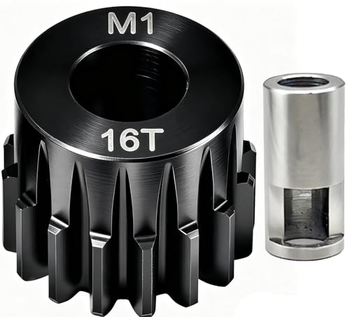 16T M1 8mm Steel Pinion Gear with 8mm to 5mm Adapter Shaft for Traxxas 1/5 X-MAXX 1/10 RC Car Buggy Truck, Available in 14T to 30T Mod 1 Motor Gear for Enhanced Performance and Durability - size: 16T