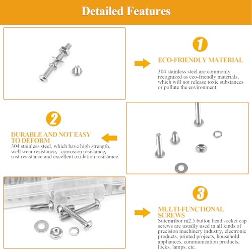 705 Pieces M2.5 Screws Nuts Washers Set, Sutemribor M2.5 x 4/6/8/10/12/16/20mm Button Head Socket Cap Screws Nuts Washers Assortment Kit, 304 Stainless Steel, Fully Threaded - size: M2.5 Screws Kit, style: Button Head