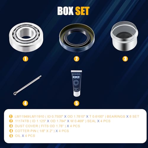 XiKe 4 Sets Boat Trailer Wheel Bearings LM11949 LM11910 | Trailer Hub Kit Fits for 3/4" Axles, Includes 11174TB Seal, OD 1.78" Dust Cover, Cotter Pin - size: LM11949/10 + Seal ID 1.125'', style: Pack 4 Set