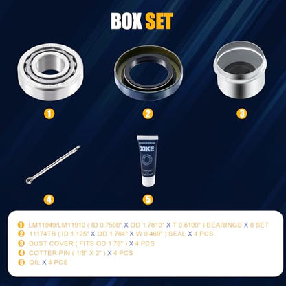 XiKe 4 Sets Boat Trailer Wheel Bearings LM11949 LM11910 | Trailer Hub Kit Fits for 3/4" Axles, Includes 11174TB Seal, OD 1.78" Dust Cover, Cotter Pin - size: LM11949/10 + Seal ID 1.125'', style: Pack 4 Set