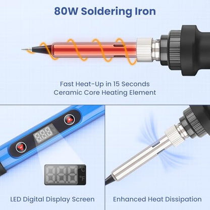 Soldering Iron Kit, Digital Multimeter, 80W Soldering Iron, 5 Soldering Iron Tips, Solder Wire, Stand, Desoldering Pump, Soldering Welding Iron Kit for Electronics Hobby DIY 110V US Plug