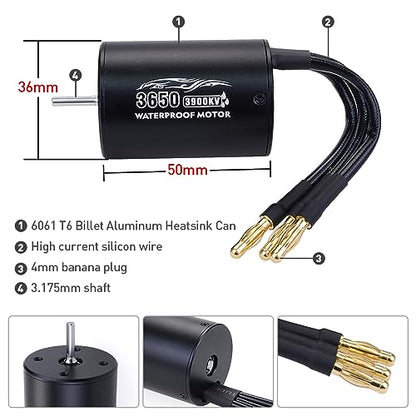 Waterproof 3650 3900KV Brushless Motor with 60A ESC Program Card Combo for 1/10 RC Car Truck Toy - color: Black-2