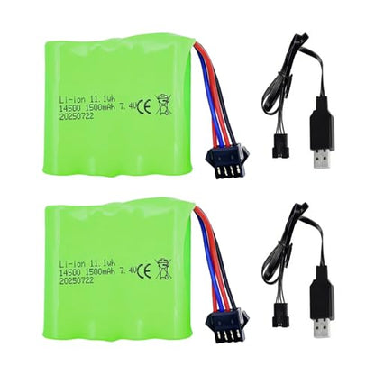 7.4V 1500mAh Battery with SM-4P Plug and Charger Cable for DE36W DE65 1803 1809 Remote Control Cars 1:12 Monster RC Truck Baggy Crawler Battery (2Pack)