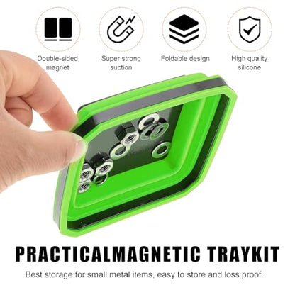 Yourkar Collapsible Magnetic Parts Tray, 4.5 Inch Foldable Magnetic Square Silicone Tray, Tool Tray Set with Double-Sided Magnetic Base for Screw Bolts Nuts Pins, Car Accessories (Green) - color: Green, 1 PCS
