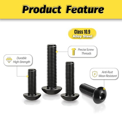 KADRICK 280PCS M5 Screw Kit,Hex Socket Button Head Screws Length 8MM-30MM | M5 Bolts with Nuts Flat & Lock Washers, Class 10.9 Alloy Steel,Black Oxide Finish - size: M5 280Pcs 8-30mm