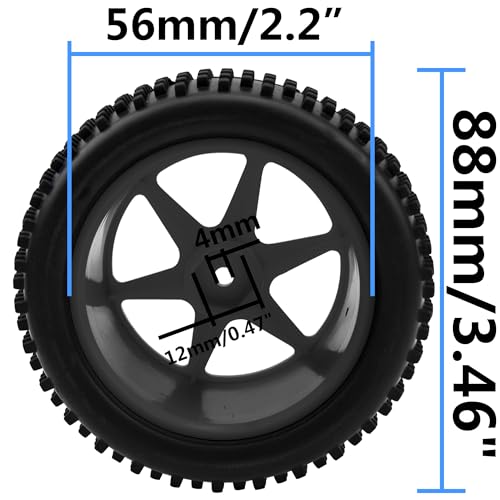 4Pcs HIRCQOO OD 88mm/3.46" Front Rear Rubber Tire Tyre & Plastic Wheel Rims 12mm Hex Compatible with Redcat Shockwave HPI HSP ExceedRC Kyosho 1/10 Scale Off Road Buggy (Black) - color: Black