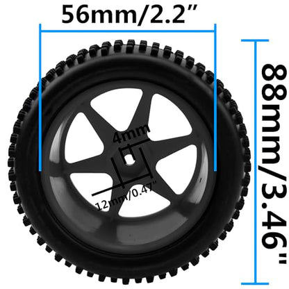 4Pcs HIRCQOO OD 88mm/3.46" Front Rear Rubber Tire Tyre & Plastic Wheel Rims 12mm Hex Compatible with Redcat Shockwave HPI HSP ExceedRC Kyosho 1/10 Scale Off Road Buggy (Black) - color: Black