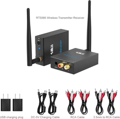 1Mii 2.4Ghz Wireless Audio Transmitter Receiver Set (1 TX + 1 RX) for TV | 320FT Long Range 20ms Low Delay HiFi Audio w/RCA(3.5mm AUX) Out/In, Wireless Adapter Kit for Powered Speaker/Stereo/Soundbar - size: 2 in 1
