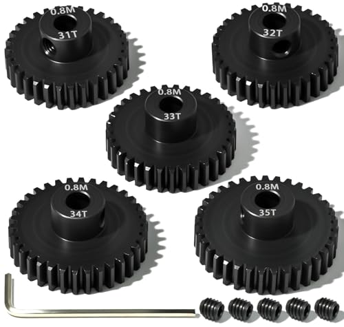 5Pcs 0.8M Hardened Steel Pinion Gear Set 5mm Shaft 31T 32T 33T 34T 35T Motor Pinion Gear with M4 Screw and Hex Key, for Arrma HPI Kyosho Losi Axial Traxxas Tamiya 1/10 RC Car and 540/550 Motors - size: 0.8M-5mm-31-35T