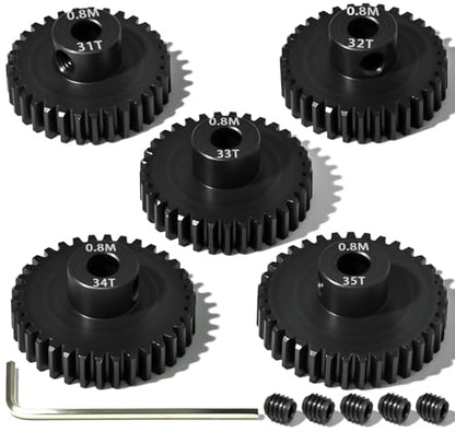 5Pcs 0.8M Hardened Steel Pinion Gear Set 5mm Shaft 31T 32T 33T 34T 35T Motor Pinion Gear with M4 Screw and Hex Key, for Arrma HPI Kyosho Losi Axial Traxxas Tamiya 1/10 RC Car and 540/550 Motors - size: 0.8M-5mm-31-35T