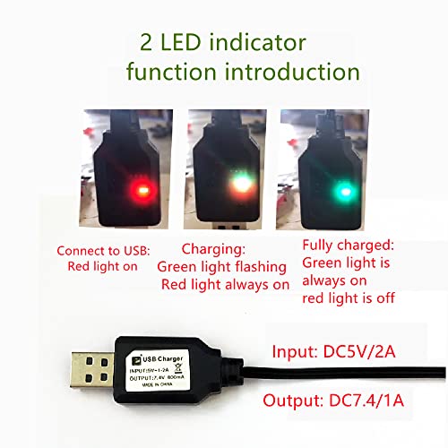7.4V USB RC Battery Charger 2 Pack, XH-3P Smart Charger for SCX24 SCX10 2S LiPo 100-2000mAh, Overcharge Protection LED Indicator, Compatible RC Car Truck Boat Drone, 1A Output