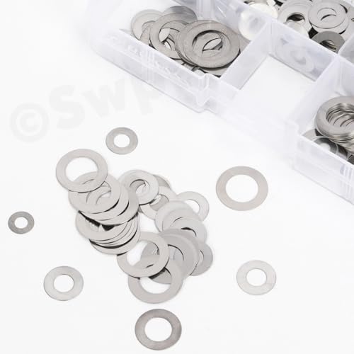 Swpeet 175Pcs 6 Sizes M4 M5 M6 M8 M10 M12 304 Stainless Steel Flat Washers Assortment Kit, Ultra Thin Flat Spacers, Metal Washers Set, Metal Ultra Thin Plain Gasket, Shim Washer for Screw Bolt