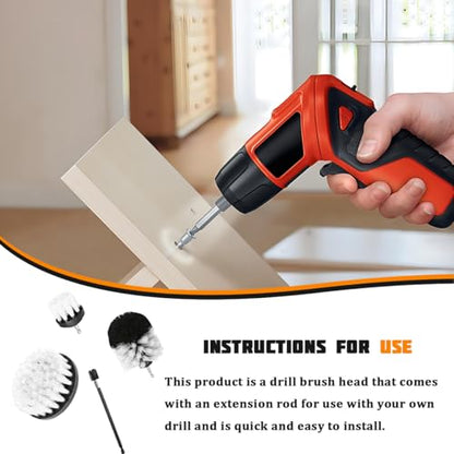 4PCS Drill Brush Attachment Kit with Extension Rod, White | PP bristles with steel shafts, three brush sizes, quick-change extension rod, follows curved surfaces, compact storage - color: White