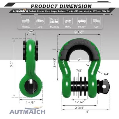 AUTMATCH 3/4" D Ring Shackles (2-Pack) - 41,887 lbs Break Strength | Clevis Shackle with 7/8" Pin & Isolator Washer Kit for Tow Strap, Winch, Towing & Off-Road Vehicle Recovery, Dark Green - color: Dark Green & Black