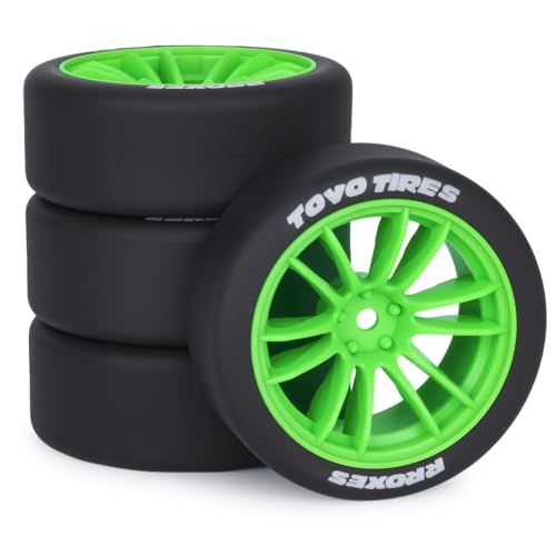 1/10 RC Drift Wheels and Tires Set, 12 Spoke On-Road Touring Car Wheel Tire Combo, 12mm Hex Drift Tires for RC Drift Car, 4PCS (Green) - color: Green