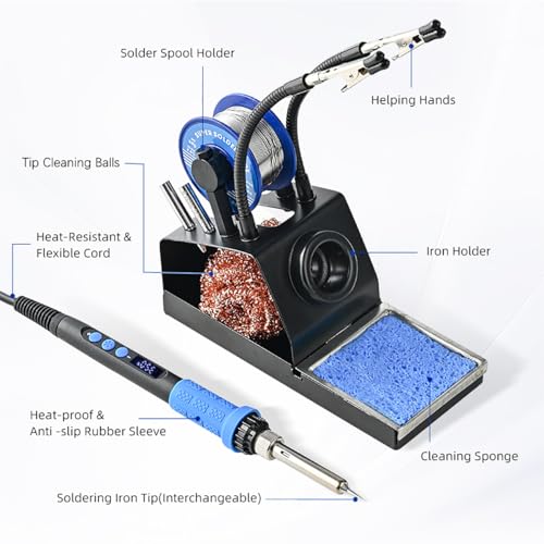 Soldering Iron Kit, 100W High Power LCD Soldering Iron, 2 Helping Hands Soldering, Flux, Iron Tips, Tin Wires, Solder Sucker, Tweezers. °C/℉ Conversion, Auto Sleep，Temperature Calibration - color: Blue (11-in-1 Soldering Iron Kit)