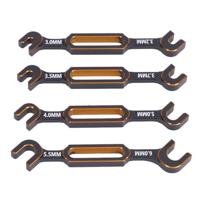 Fabater 4PCS RC Wrench, 3.0mm 3.2mm .5mm .7mm 4.0mm 5. 5.5mm 6. Aluminum Alloy Turnbuckle Nut Ball Joint Double End Spanner, Universal Repair Tool for RC Car Boat Drone (Gold) - color: Gold