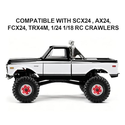 1.0" Beadlock Aluminum Wheels and 64mm Soft Rubber Tires | for SCX24, TRX4M, Ascent 18, FCX24, 1/18 1/24 RC Crawler, 7mm Hex, 0mm Offset, with Foam Inserts, (Red A) - color: Red a