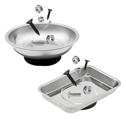 2 PCS Magnetic Tray Holders, Stainless Steel 3 Inch Round & 3.6"x2.5" Rectangle Trays Metal Parts Holder, Heavy Duty Thickened Trays for Screws Bolts Nuts Washers Pins - color: Round+Rectangle