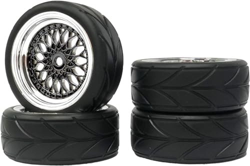 4PCS 64mm RC On Road Rubber Tires and Plastic Plating Wheel Rims Set Replacement Part for 1/10 RC Run-flating Touring Racing Drift Car Tyre(Black Silver,Offset:3mm) - color: Black/Silver, size: Offset:3mm
