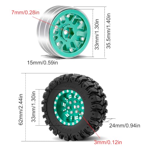 OGRC 1.3" Wheel and Tires 7mm Offset Beadlock Wheels for 1/24 1/18 RC Car | Aluminum, 7mm Hex, Soft and Sticky Tires, for TRX4M SCX24 RC Carwler Car, Dark Green - color: Dark Green
