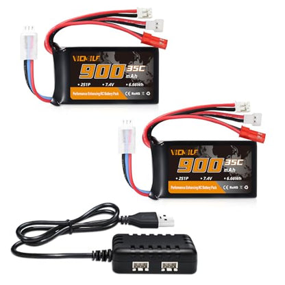 SCX24 Battery 7.4V 900mAh Lipo Battery 2S 35C(Burst 70C) FCX24 Battery with PH2.0&JST&Molex Plug Fit for FMS SCX24 RC Car WLtoys A949 A959 A969 A979 K929 Most 1/10 1/16 1/18 1/24 RC Car Truck - style: 2PACK with Charger