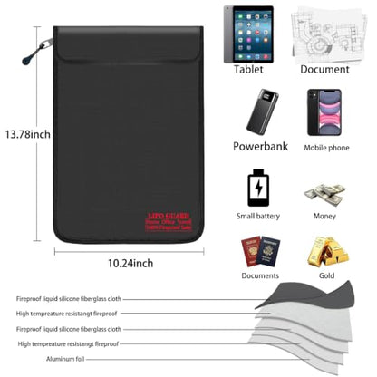 10.24"x13.78" Black Lipo Safe Bag with Fireproof Zipper Fireproof Edge wrapping Fireproof wire,Home Office Travel Fireproof Safe Storage for Cash Valuables Jewelry Passport Power bank Lipo Battery - size: 26*35cm Black