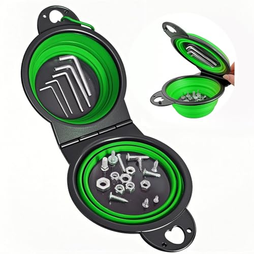 Magnetic Trays, Magnetic Bowl for Screws, Magnetic Tool Tray (green2.0) | Collapsible Magnetic Tool Tray, Integrated 5.1" Round Dual Silicone Bowls, Upgraded Version, Bonus Hook for On-the-Go Carry - style: green2.0