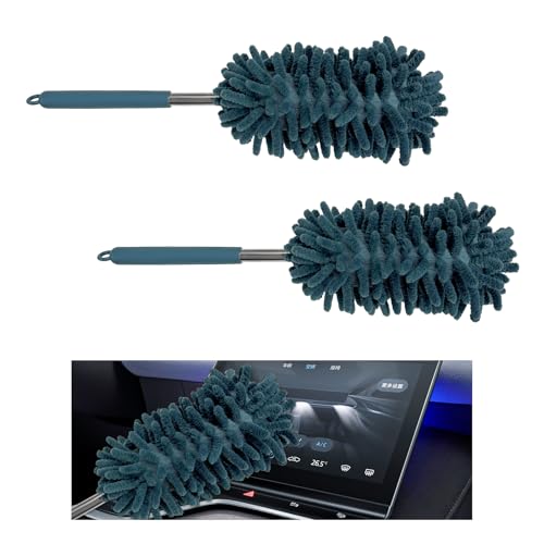 2PCS Car Interior Duster with Extension Pole, 11.8" to 30.5" Retractable Duster Washable Long Handle Cleaning Tool, Soft Chenille Detailing Brush for Auto Dash Vent Window (Navy Blue) - color: Navy Blue