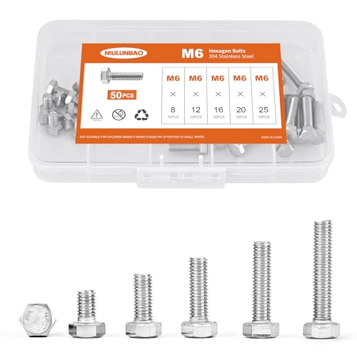 M6 x 8mm 12mm 16mm 20mm 25mm Heavy Duty Hexagon Bolts Hex Head Screws, 304 Stainless Steel, Metric, Machine Fully Thread, Bright Finish, Assortment Kit 50PCS - size: M6 x 8/12/16/20/25mm (50PCS)