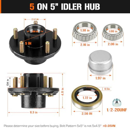 Aeagle 2 Sets 5 on 4.5" Bolt Circle Trailer Hub 5 Lug Idler Hub Kits for 3,500lbs 1-1/16'' to 1-3/8'' Tapered Axle, Replacement for L68149 L44649 Inner & Outer Cone Bearings