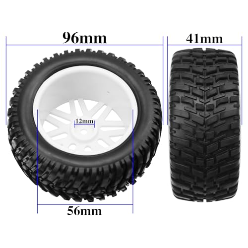 OD 96mm RC Off Road Short Course Truck Tire w/Plastic Rim 12mm Hex Compatible with 1/10 Scale Buggy Car HSP 94170 94155 Wltoys 1/14 144001 124019 RC Car (White) - color: White