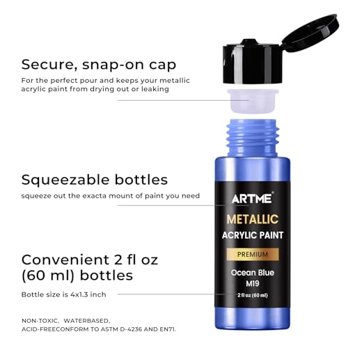 Artme Metallic Acrylic Paint Set, 24 Metallic Colors in 2 oz/60ml Bottles, Metallic Shining Acrylic Paint, Rich Pigments Paint Perfect for Artists, Beginners on Canvas, Rocks, Wood, Fabric, Ceramic