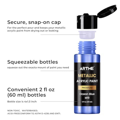 Artme Metallic Acrylic Paint Set, 24 Metallic Colors in 2 oz/60ml Bottles, Metallic Shining Acrylic Paint, Rich Pigments Paint Perfect for Artists, Beginners on Canvas, Rocks, Wood, Fabric, Ceramic