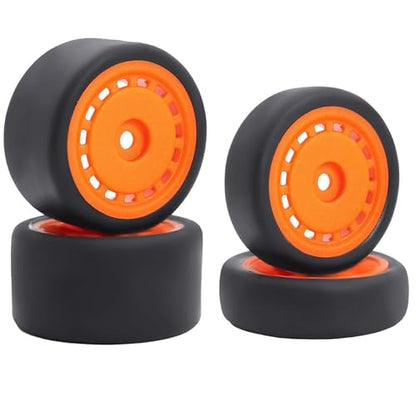 4PCS Pre-Glued On-Road Drift Racing Smooth Rubber Tires and Wheel Rims Set 7MM Hexagon for 1/24 Losi Micro-B RC Car Upgrades Parts (Orange) - color: Orange