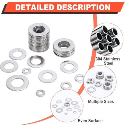600 PCS Flat Washers for Screws and Bolts, 304 Stainless Steel Flat Washers Assortment Kit, 7 Sizes (M3 M4 M5 M6 M8 M10 M12) for Industrial and Home Use